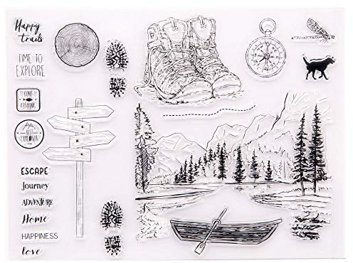 arriettycraft Happy Trails Time to Explore Berge Bäume Fußabdruck Abenteuer Reise Gummistempel Clear Stamps für Kartenherstellung Dekoration und DIY Scrapbooking Gummistempel zum Basteln