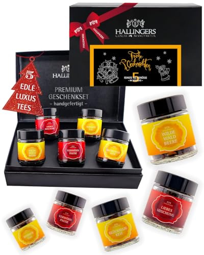 Hallingers Genuss Manufaktur Tee Weihnachts-Geschenk-Set - 5 Sorten premium loser Tee Probierset in edler Geschenkbox mit Rezept-Booklet Frohe Weihnacht..., Weihnachten für Frauen Männer