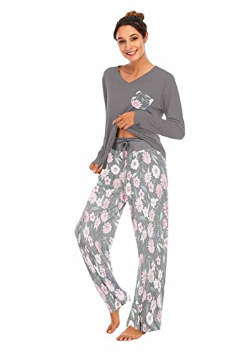 Famulily Women's Pyjama Sets V-Neck Soft Loungewear Winter Pjs Set Cotton Long Sleeve Sleepwear with Pockets Dark Grey XXL