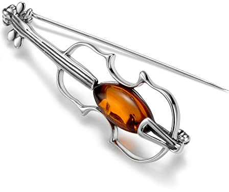 Damen Geige Anstecknadel Aus Sterling Silber Mit Bernstein Akzent