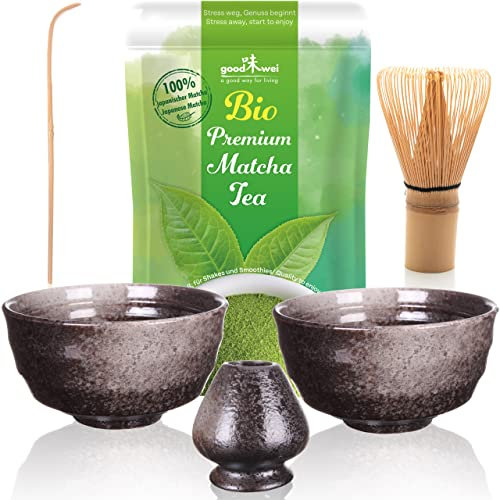 Goodwei Juego de Té Matcha Duo con soporte y té matcha orgánico premium de 30g (Goma)