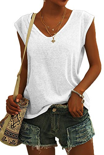 GeGekoko Damen T-Shirt Kurzarm V-Ausschnitt Flügelärmeln Oberteile Blusen Sommer Casual Lose Tank Top Basic Mädchen Tops Weiss L