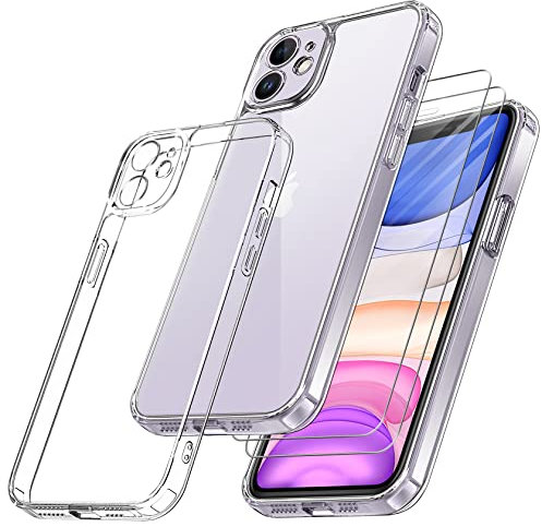 Qasyfanc Handyhülle Kompatibel mit iPhone 11, Hülle mit Kameraschutz und 2 Stück Schutzfolie, Hard PC Nie Vergilbung Case Transparent Militärschutz Kratzfest Fallschutz Schutzhülle, Klar