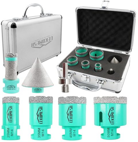 Diamond Core Drill Bits Kit - 7pcs (20MM Drilling Milling bit+25/35/45/50mm+50MM Chamfer Milling Bits+Adapter) LEKOMESH Tile Hole Saw Kit for Porcelain Tile Ceramic Granite Marble, Mint green, Kit 5