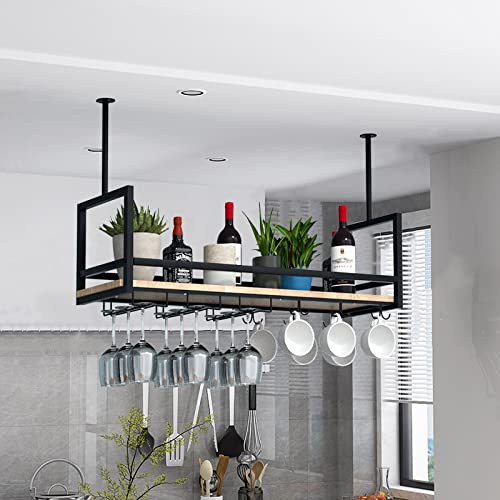 YTLEMON Soporte para Copa de Vino Botellero Colgante, Botellero de Techo con Portabotellas, Estante de Copa de Vino Vintage Decorativo para Bar Restaurante Cocina Club (120×30×60cm, Black)