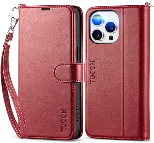 TUCCH Case for iPhone 15 Pro Max (6.7) 2023 5G, Magnetic PU Leather Wallet Case with Wrist Strap, RFID Blocking, Card Holders, Shockproof TPU, Protective Stand Folding Folio Flip Cover, Dark Red