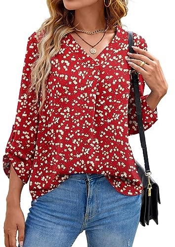 Yommay långärmade tröjor för kvinnor, blus, sommar, elegant, V-ringad, tunika, långtröja, topp, flytande, korta ärmar, chiffongtoppar, mm F röd, M