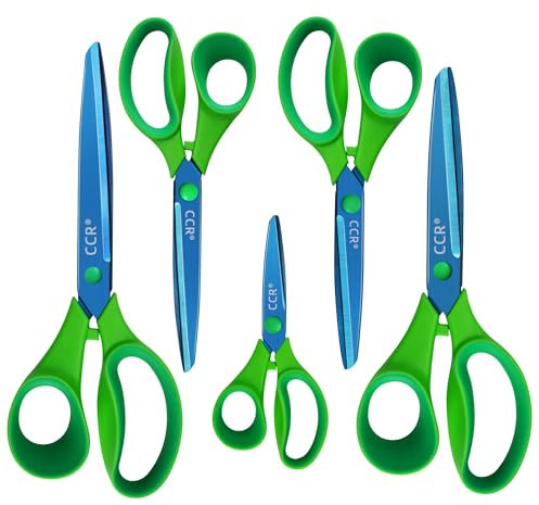CCR Scissors,Multi-Purpose Scissors Set Blue Titanium Plated with Sharp Stainless Steel Blades,Comfort Grip Handles,Sturdy for School Home Office Art Craft Sewing Tailor Heavy Duty,5 Pack