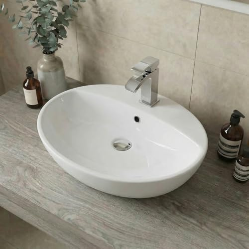 BAYSTONE® Countertop Basin for Bathroom and Cloakroom Hand Wash Basins Sink One Tap Hole Modern White Gloss Oval, 550 x 420mm