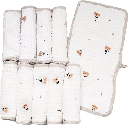 FENSILO Spucktücher Baby|10er 4 Lagig 25x50|Musselintücher|Mulltücher|Mullwindeln|Stoffwindeln|Jungen und Mädchen| Waschlappen|Faltwindeln|Premium Qualität|weiß-Bear