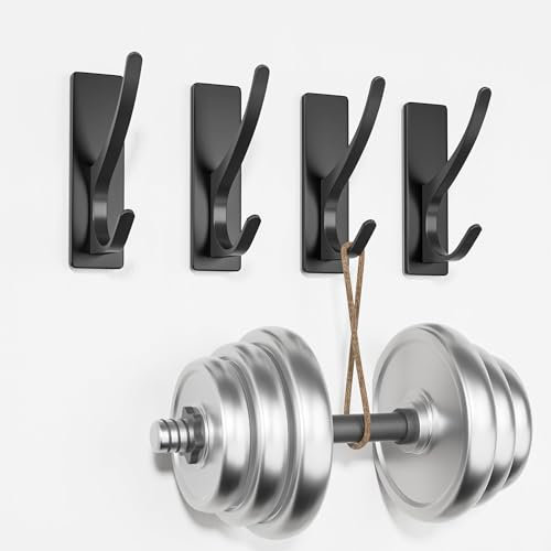 pickpiff Self Adhesive Hooks, Sticky Hooks Extra Sturdy, Hanging up to 6KG, Metal Stainless Heavy Duty Stick on Wall Door, for Towel Coat Hat Purse in Bathroom Shower Kitchen, Black, 4 Pack