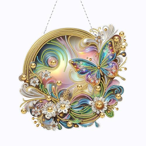 Starnearby DIY Diamond Painting Anhänger Doppelseitig mit Kette 5D Diamant Painting Fensterbilder Diamant Malerei Wandbehang Kits für Fenster Wand Und Eingang Decor 25cm (Schmetterling A)