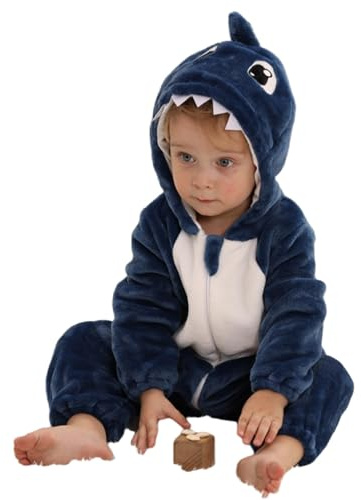 HAHASHOW Baby Winter Hooded Romper Jumpsuit Unisex kids Flannel Romper Halloween Toddler Cartoon Animal Costume 30-36 Months,Blue Shark