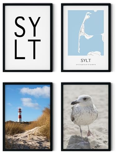 MJ-GRAPHICS® - Nordsee Wandbilder Wohnzimmer Sylt Meer Strand Natur Poster, 4x A3, Bilder Wohnzimmer, Bilder Schlafzimmer, Stadtkarte, Leuchturm, Leinwandbild, Büro Schlafzimmer, Wanddeko ohne Rahmen