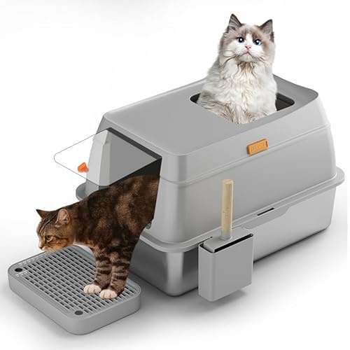 Yopyuenn Stainless Steel Cat Litter Tray with Lid, XXL Large Cat Litter Tray, Smooth Surface, Closed Design, High Wall Edges, Non-Stick Coating, Leak-proof and Easy to Clean, 60 x 40 x 39 cm