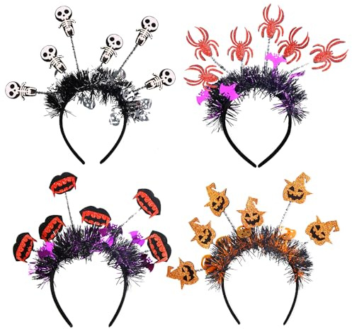 Halloween Haarbänder, 4PCS Halloween Anzieh Accessoire Kürbis Spinnen Zahn Totenkopf Stirnband Halloween Kopfschmuck Party Haarschmuck Feiertags Stirnbänder für Halloween Fasching Karneval Party