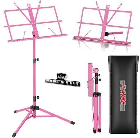 5 CORE Music Stand Height Adjustable Desktop Book Stands Portable Sheet Holder All Metal Bookstand Foldable Atril Para Partituras w Carrying Bag & Clip Pink - MUS FLD PNK