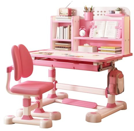 Yoakaiax Escritorio y silla ajustable para niños, corrector de postura, soporte para libros, pedal de pie, color rosa