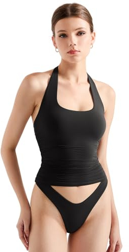SUUKSESS Women Halter Tank Tops Double Lined Basic Backless Y2K Trendy Going Out Tops (Black,S)