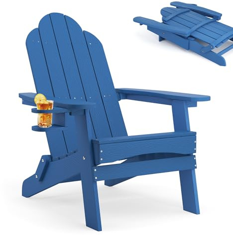 LUE BONA Adirondack Stuhl Klappbar aus Wetterfestem HDPS - 17.1 kg Schwerer Gartenstuhl mit Holzmaserung für Garten, Blau
