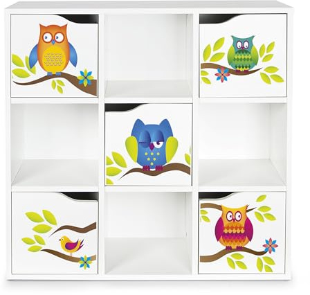 Leomark Moderner Schrank KUBiCO Max, Bücherregal, Kinderregal, Spielzeugregal, Kinderschrank – Weißes Bücherregal mit 9 Fächern, Aufbewahrungslösung, Höhe: 89,5 cm – Kinderzimmer (Eulen)