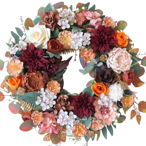 CIR OASES Fall Flower Wreath 20-inch Front Door Wreath Red Pink Orange Rose Peony Green Leaf Decoration Thanksgiving Party Wedding Decoration Indoor Outdoor Home Decor