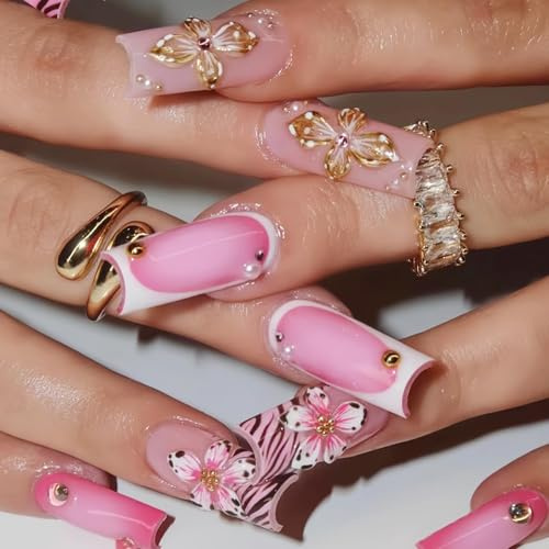 Long Coffin False Nails with 3D Glitter Striped Tips & Floral Designs - 24pcs Acrylic Polka Dot & Pink Leopard Press-On Nails for Women, DIY Art Stick-On Tips for Party Wedding Daily