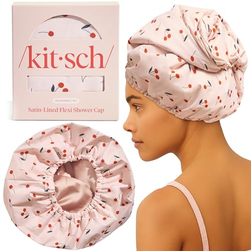 Kitsch Luxury Shower Caps for Women Reusable Waterproof - Flexi Satin Lined, Large Shower Cap for Men, Non-slip, Quick-dry, Adjustable, Stylish Hair Cap for Long & Short Hair - Cherry Print