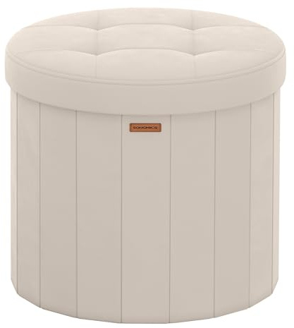 SONGMICS MAZIE Collezione - Pouf Contenitore Rotondo, Sgabello Poggiapiedi Pieghevole con Coperchio, Cassapanca, Montaggio Facile, Velluto per Camera, Soggiorno, Ingresso, Beige Cappuccino LSF608L01
