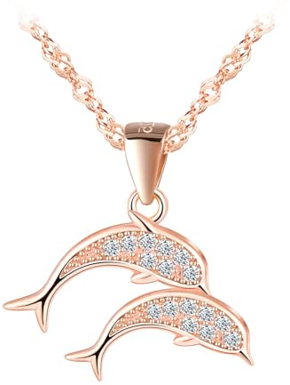 INFINIONLY Collier pendentif en argent 925 pour femme fille collier double dauphin avec zirconia avec chaîne de 45cm, Or rosa