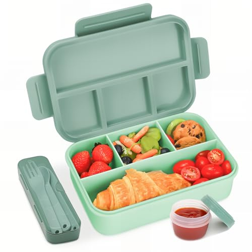 Bugucat Brotdose mit Fächern 1300ML,Lunchbox Kinder Auslaufsicher mit Fächern,Lunch Box Bento Box mit Fächern für Kinder und Erwachsene,Vesperdose Frühstücksbox für Jungen&Mädchen,Dunkelgrün