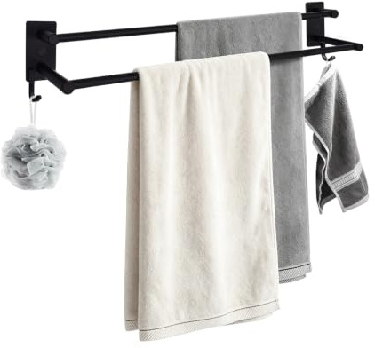 THCTYRP Doppelte Handtuchstange Edelstahl 70cm, Selbstklebend Schwarz | Rostfrei ohne Bohren mit 2 Haken, Kratzfest für Badezimmer Dusche Küche, Handtuchhalter