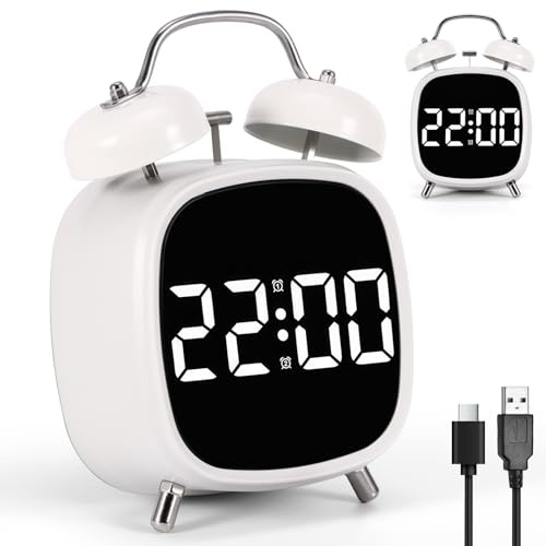 Sveglia digitale, a LED, digitale, con doppia campana, bianco, con grande numero, allarme forte senza ticchettio, USB, ricaricabile e funzionamento a batteria, funzione snooze per dormienti profondi