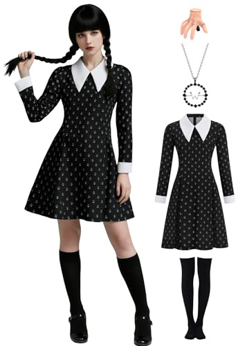 Enenblau Mittwoch Kostüm Damen, Gothic Halloween Karneval Gothic Famile Cosplay Kostüm Schwarz Kleid mit Spielkarten-Motiv, Zubehör Set Kniestrümpfe, Kette, Haarspange EB004XXL