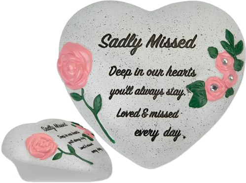 Quickdraw Supplies Sadly Missed Gedenkherz Ornament mit Diamanten & Rosen - Grabschmuck Grabschmuck Friedhofsschmuck Trauergeschenk für Mama Papa Oma Opa - Beerdigung Gedenken Hommage