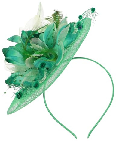 DECORNIJIA Chapeau de Mariée Vintage Vert à Voile, Fleurs et Plume | Polyester et Plastique, Fixation Sûre, Facile à Porter, pour Performances et Fêtes