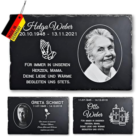 Customdo Gedenktafel mit Gravur - wetterfeste Schieferplatte Grabplatte mit Foto Personalisierung Schwarz Weiß - Grabschmuck für Menschen Grab Grabstein Urnengrab Garten Friedhof