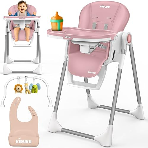 KIDUKU® Seggiolone Pappa Neonato 3 in 1 con Riduttore & Bavaglino | Seggiolone Pieghevole per Bebè e Bambini con Arco Giochi | Sedia Evolutiva Regolabile 7 Livelli | Crescita 0-36 Mesi (Rosa)