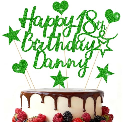 EDSG Personalised Happy Birthday Cake Topper, Custom Birthday Party Decoration, Double-Sided Glitter Cake Topper 13th 16th 18th 21st 30th 40th 50th 60th 80th (Green)