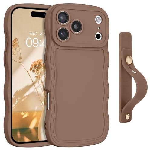 YINLAI Coque pour iPhone 17 Pro avec Dragonne Réglable – Design Bord Ondulé Anti-Choc, Anti-Glissant, Support Intégré et Bracelet Amovible pour iPhone 17 Pro 6.3 Pouces, Kaki