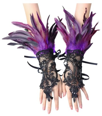 Pfau Kostüm Damen Spitze Feder Handschuhe 20er Jahre Gothic Federmanschetten Karneval Kostüme Frauen Kostümzubehör Vintage Federarmband Manschetten für Faschingsball Oper Rollenspiel Party Zubehör