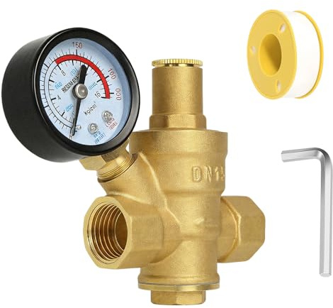 Pressure Reducing Valve, DN15 Water Pressure Regulator Water Pressure Gauge Brass with Hex Key Teflon Tape for Home Garden Irrigation Systems Residential Plumbing