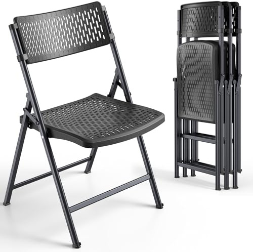 FurniEdge Black Folding Chairs 4-Pack, Breathable Plastic for Card Tables & Indoor Outdoor, Easy-Clean & Supports 400 Lbs