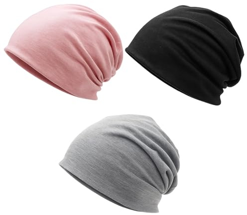 RQcMid 3 Stück Beanie Damen, Dünne Baumwollmützen, Atmungsaktive Chemo Kopfbedeckung Damen, Dünne Baumwolle Schlafmütze, Weiche Mütze Für Yoga, Schlaf Und Alltag, Schwarz, Grau, Pink