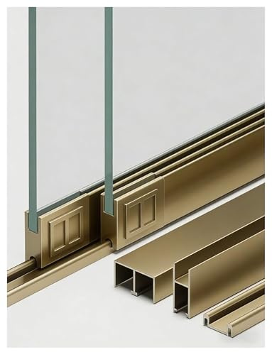 Premium 8 mm skjutdörrskit i glas – dubbelskena i aluminium med rullar, maskinvara utan borr för visningsskåp och garderober, passar 2 glaspaneler (guld, 200 cm/6,6 fot)