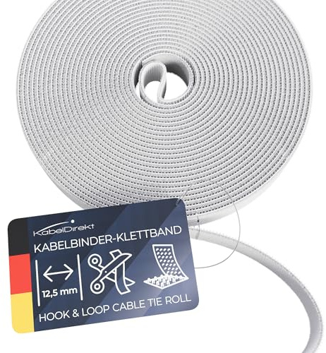 KabelDirekt – 12,5mm × 15m smalt kardborreband för kablar (återanvändbart, vit)