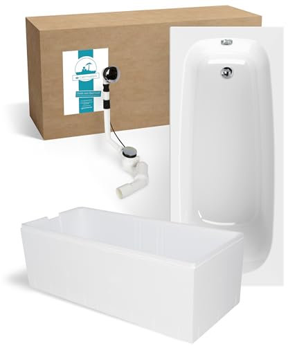 Calmwaters® Premium Badewanne Komplettset 170x75 cm Original, Made in EU, 3in1 Acryl-Badewanne mit Wannenträger & Ablaufgarnitur, Körperformbadewanne, Rechteckbadewanne 170 x 75, 200 l, Weiß
