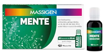Massigen - Tonico Mente, Gusto Ciliegia, Integratore per Funzioni Intellettive con Fosfoserina e Ginkgo Biloba, 10 Flaconcini da 25 ml, Senza Glutine