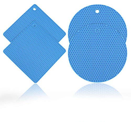 Kochblume Wabenuntersetzer Eckig & Rund 4er Set | Hitzeschutz | Als Untersetzer oder Topflappen | Premium-Silikon & BPA frei| Hitzbeständig | Spülmaschinenfest | Farbe: blau