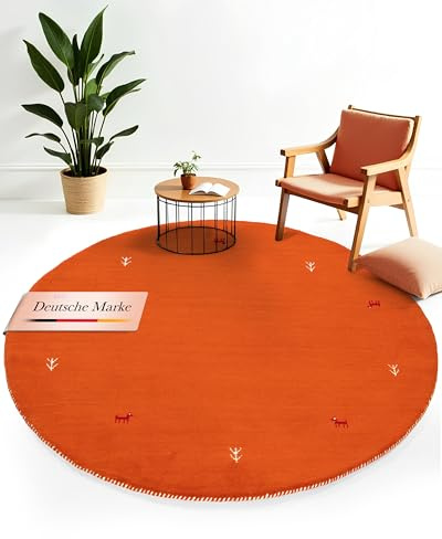 carpetfine Wollteppich Gabbeh Uni Rund Orange Ø 80 | Moderner Teppich für Wohn- und Schlafzimmer